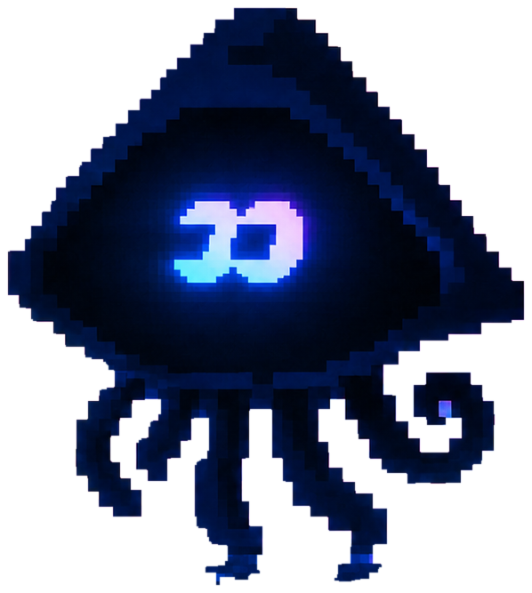 Fomosquidow, a neon pixel squid with the FOMO symbol on its face